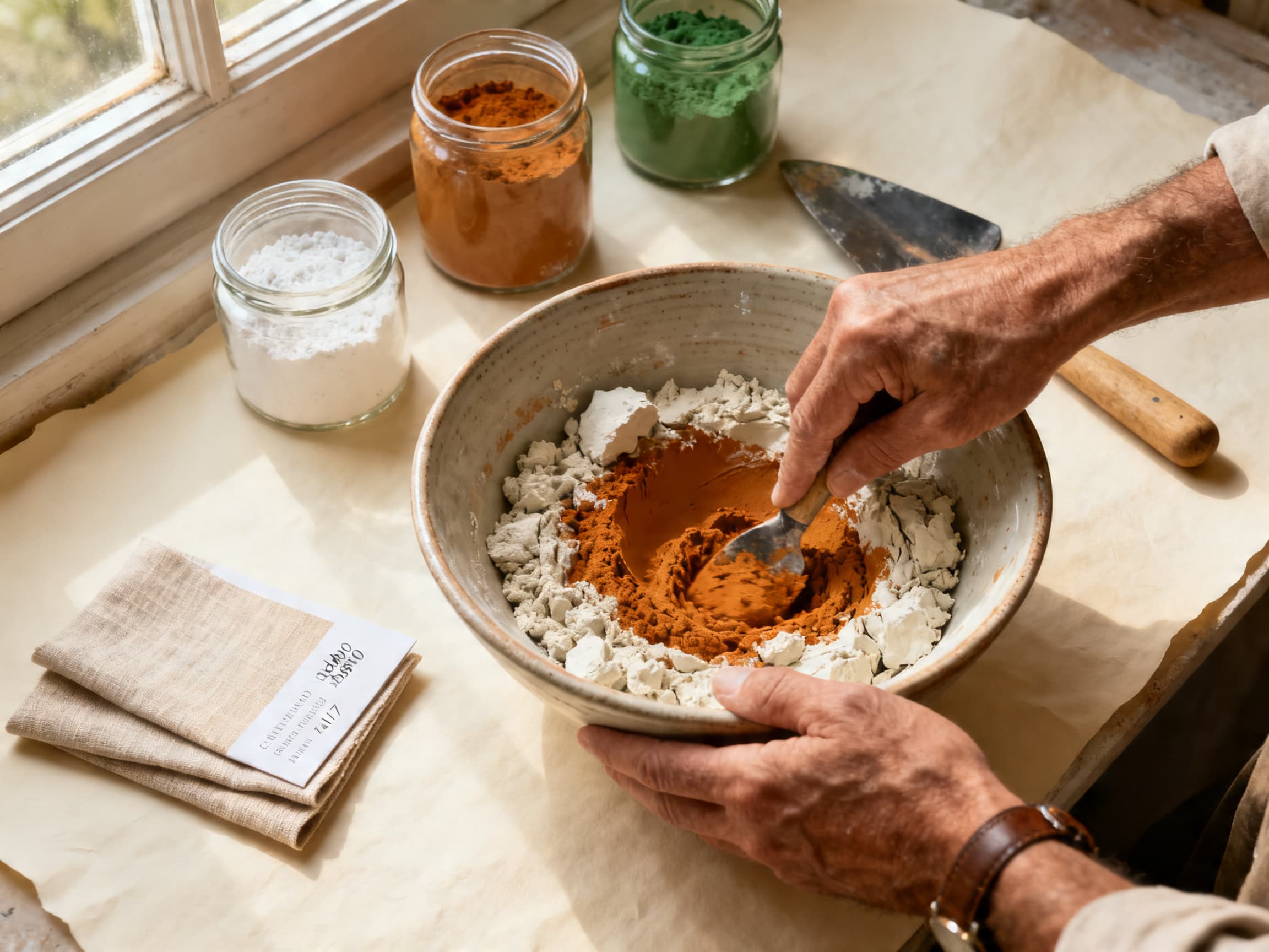 Workbench close-up: hands mixing slaked lime with natural pigment