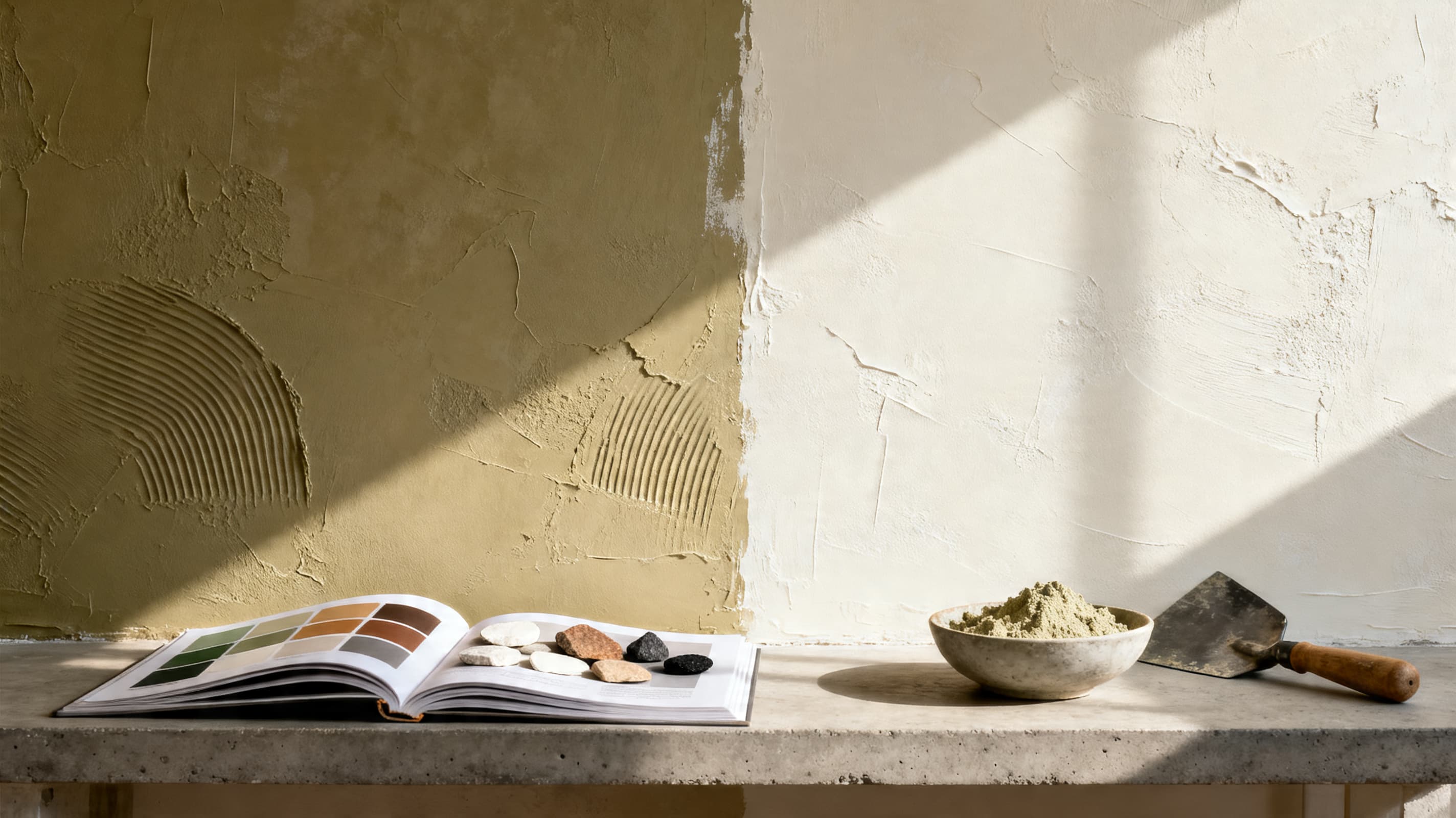 Natural limewash wall textures and mineral samples in sunlight
