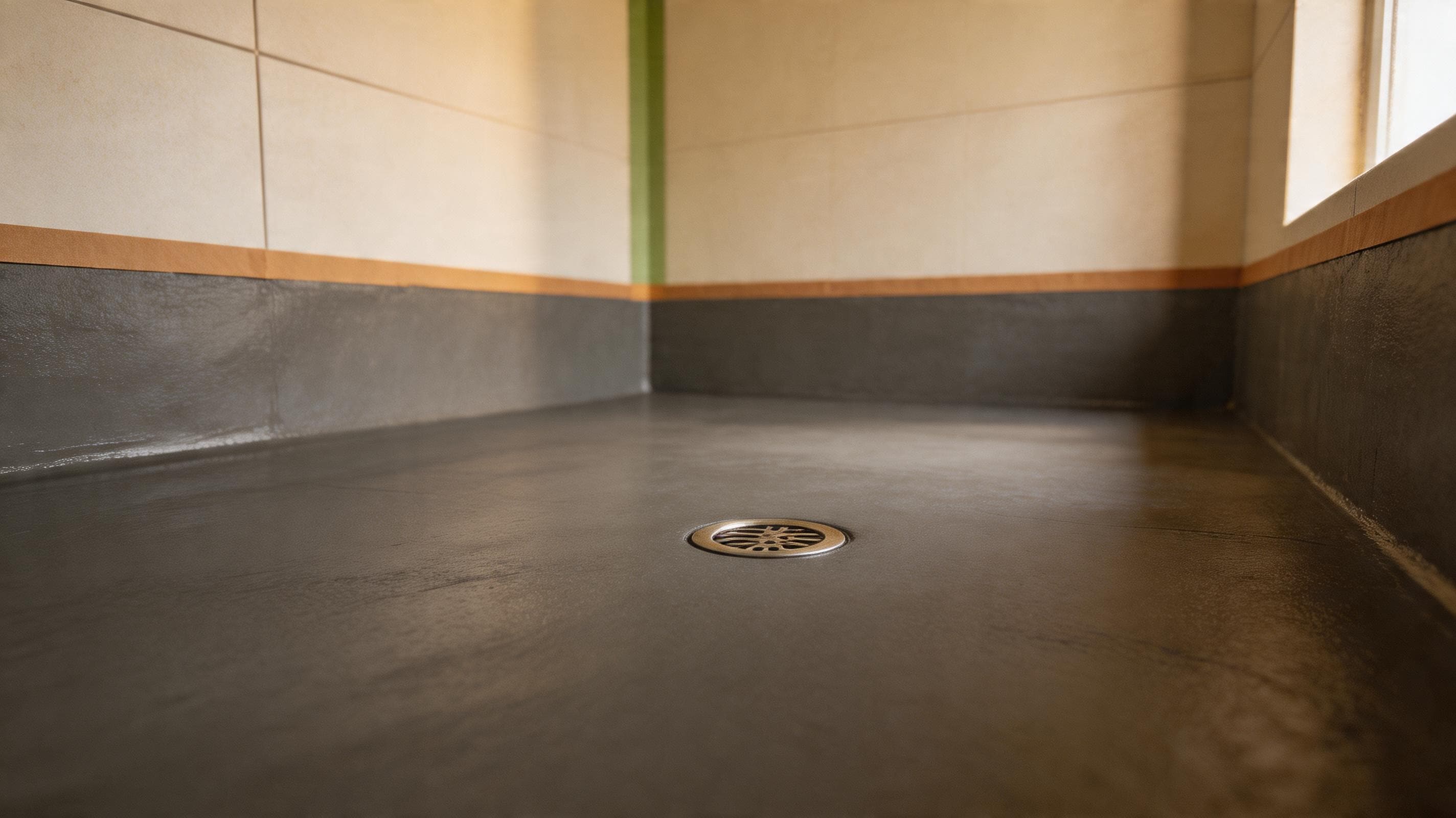 FlexShield Waterproof Coat applied in a real interior — High-elongation polymer-cement waterproofing for kitchens, bathrooms and balconies.