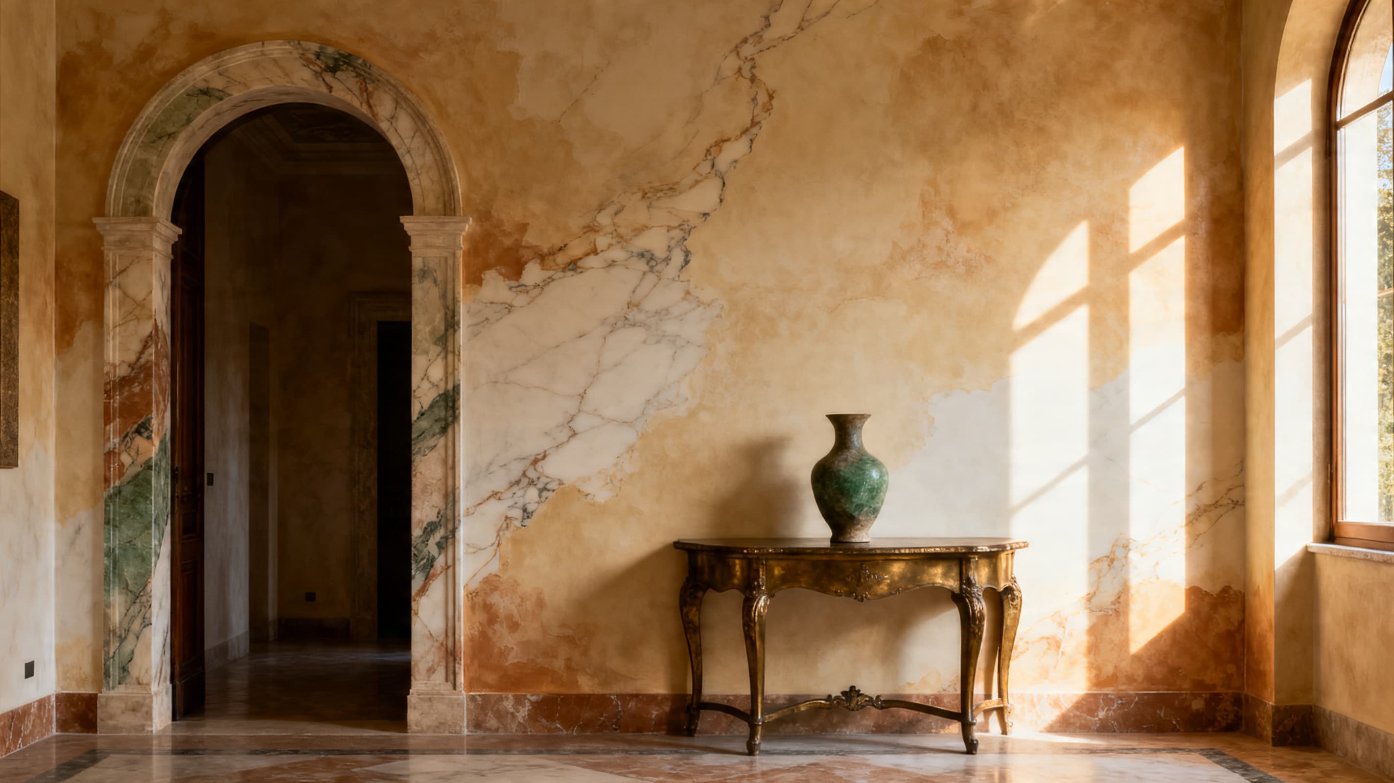Marmorino Venetian Plaster applied in a real interior — Polished marble dust and slaked lime — the original Venetian luxury finish.