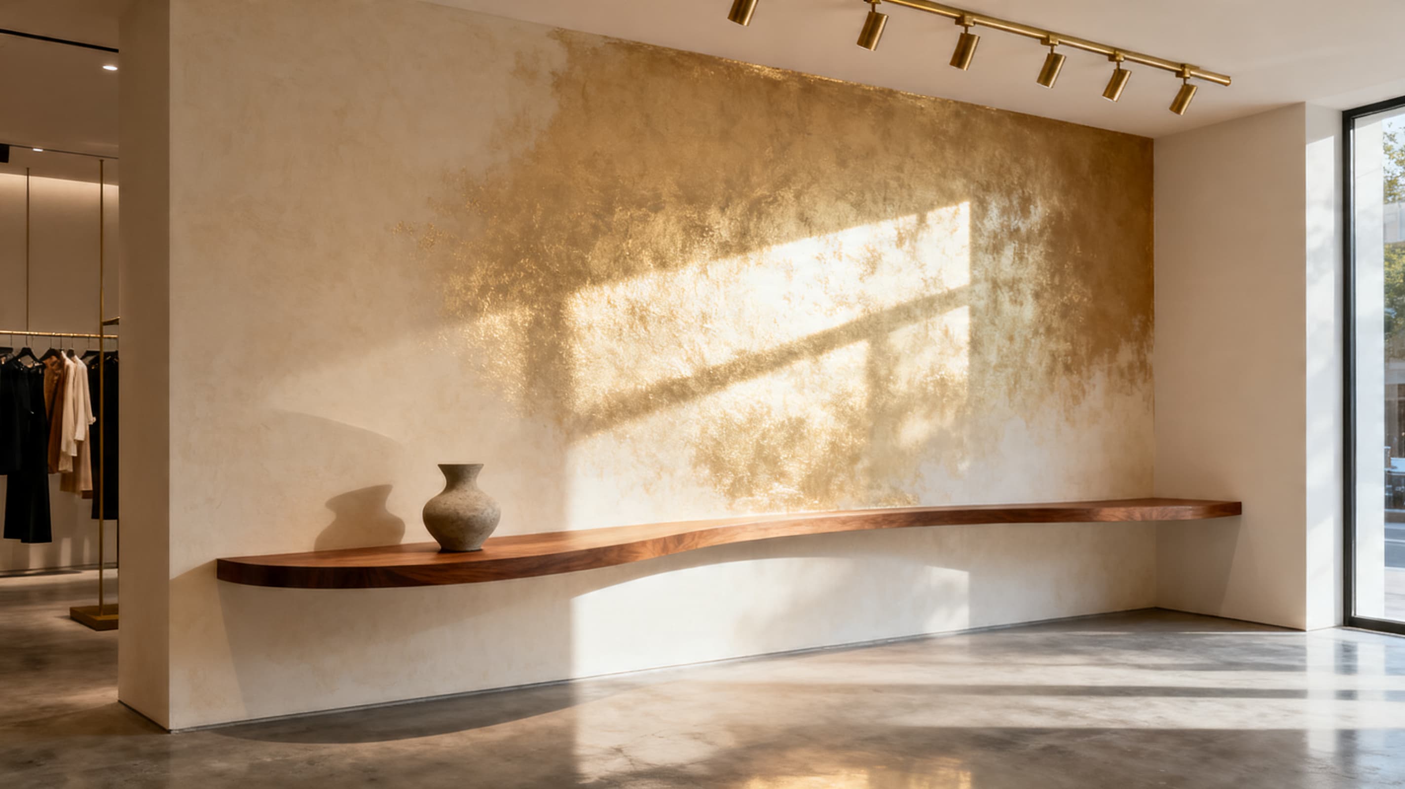 Texture Metallic applied in a real interior — Water-based metallic art coating with fine-particle directional shimmer.