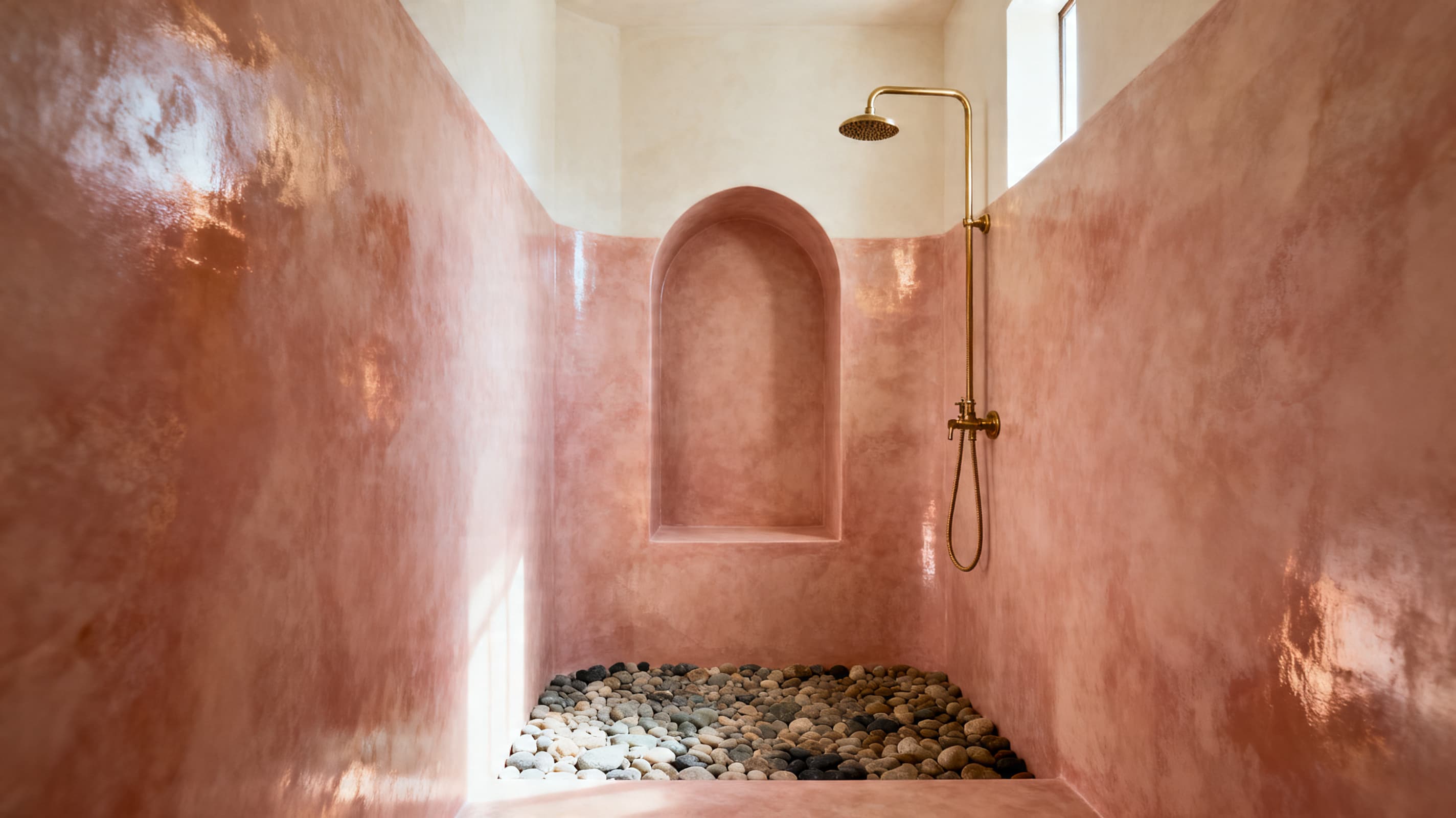 Tadelakt Natural applied in a real interior — Moroccan burnished lime plaster — naturally waterproof, traditionally beautiful.